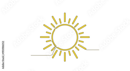 Minimalist Sun Icon, Continuous Line Drawing, Yellow Rays, White Background