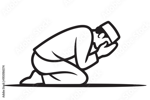 Muslim man praying on knees during worship in traditional attire with hands raised in supplication vector illustration