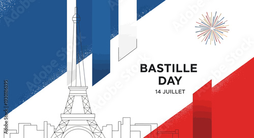 A graphic illustration celebrating Bastille Day on July 14th, featuring the Eiffel Tower silhouette, French flag colors, and festive fireworks.