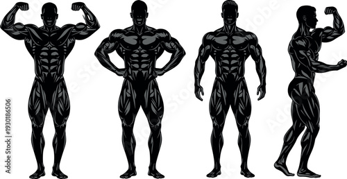 Athletic Male Bodybuilder Silhouette Collection Featuring Front Double Biceps Lat Spread Relaxed and Side Chest Poses for Fitness Graphic Design