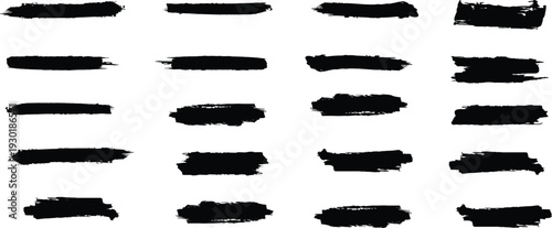 Black hand painted brush stroke underline vector set. Marker and ink grunge lines, rough divider strokes with smudge texture, hand drawn illustration.