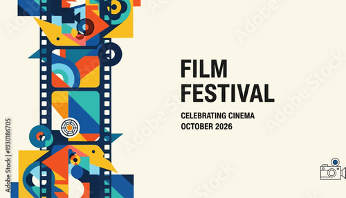 A vibrant film festival poster featuring a colorful, abstract film strip design on the left and text 'FILM FESTIVAL CELEBRATING CINEMA OCTOBER 2026' on a cream background.