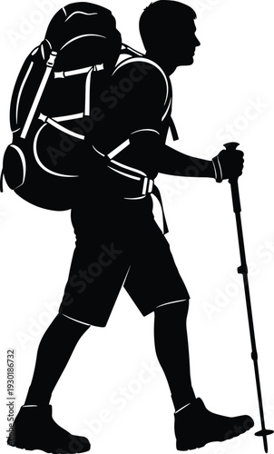 Flavector, Backpacker, Hiker, Silhouette, Man, Walking, With, Large, Backpack, And, Trekking, Pole, For, Adventure, Travel, Tourism, Outdoor, Nature, Vector, Illustration.