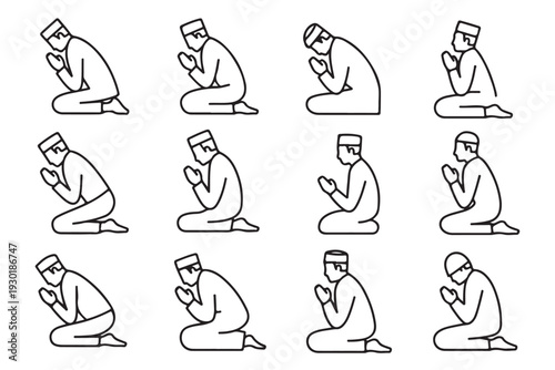 Set of muslim man praying in sitting position icons black linear silhouettes of islamic prayer posture on transparent background vectors