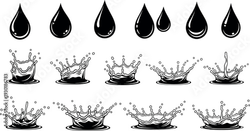Black and white vector illustration set of liquid water drops and crown splash ripples isolated on a plain white background.