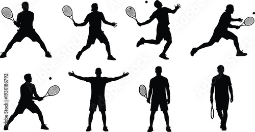 Set of black tennis player silhouettes performing various actions like serving, swinging rackets, and celebrating victory on a white background.
