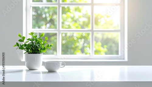 Bright indoor setting with a green plant and white cup next to a sunlit window.