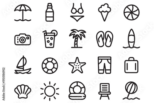 Summer vacation and beach icons collection with tropical elements palm trees surfing boards and travel accessories for seasonal branding
