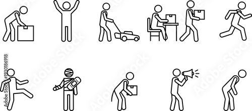 Black line stick figure icons showing various human actions including lifting boxes, mowing lawn, running, yelling, and injury recovery icons.