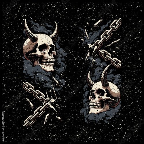 Demonic Horned Skulls with Chains and Smoke Shards Dark Gothic Design