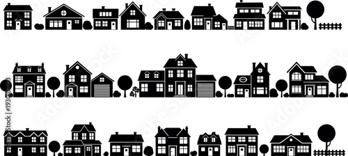 Black silhouette vector set of various residential houses suburban neighborhood street frontage icons isolated on white background for architectural design