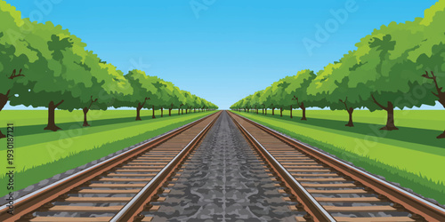 Railway Tracks Perspective View – Scenic Nature Vector Illustration
