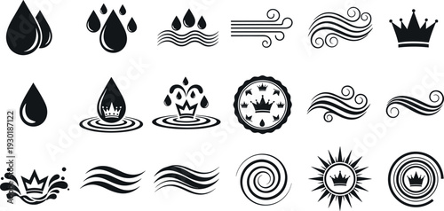 Black vector icons of water drops, ocean waves, wind swirls, and royal crowns for premium branding, logo design, and symbols.