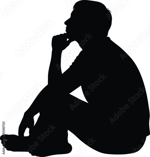 Flavector, Thinking, Man, Silhouette, Sitting, On, The, Floor, Deep, Thought, Pensive, Pose, Reflection, Side, View, Person, Guy, Meditation, Loneliness, Mental, Health.