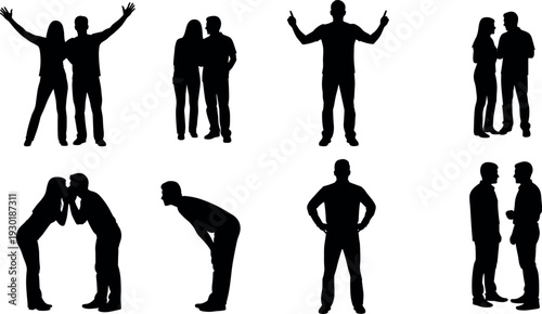 Collection of black silhouettes featuring people in various poses including happy couples, individuals gesturing, talking, and leaning on white background
