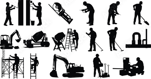 Set of black silhouettes of construction workers using heavy machinery excavators concrete mixers and tools for professional industrial building site and engineering projects