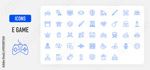 E game icon. Word Game, Game Handle, Casino, Sword, Arcade Game, Billiard Ball, Bomb, Monster, Chess Piece, Skull, Crown, Diamonds, Fighting Game, Finish Point, Folder vector illustration.