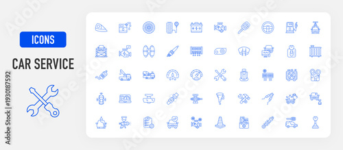 Car service icon. Checklist, Wrench And Screwdriver, Roadside Assistance, Tow Truck, Car Engine, Car Polish, Waranty, Cover, Engine Coolant, Fuel Pump, Windshield Wiper vector illustration.