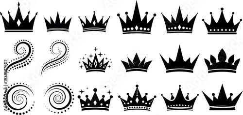 Collection of Royal Crown Silhouettes and Decorative Dotted Swirl Elements Isolated on White Background for King Queen and Luxury Branding Design