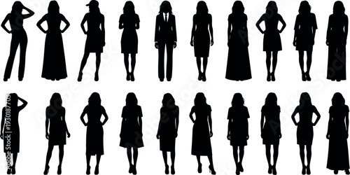 Collection of professional female fashion silhouettes featuring diverse poses and stylish outfits including business suits dresses skirts and casual streetwear