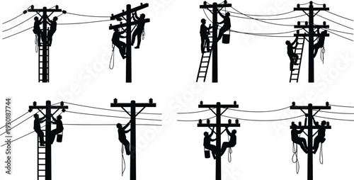 Set of black silhouettes of electricians and linemen working on high voltage power lines and utility poles for electrical maintenance and infrastructure repair