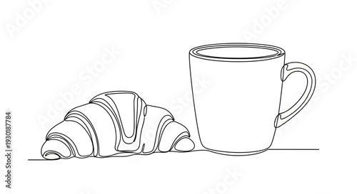 Minimalist line art drawing of a croissant and a coffee cup, simple breakfast illustration