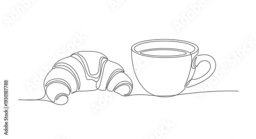 Minimalist line art drawing of a croissant and coffee cup, simple breakfast illustration