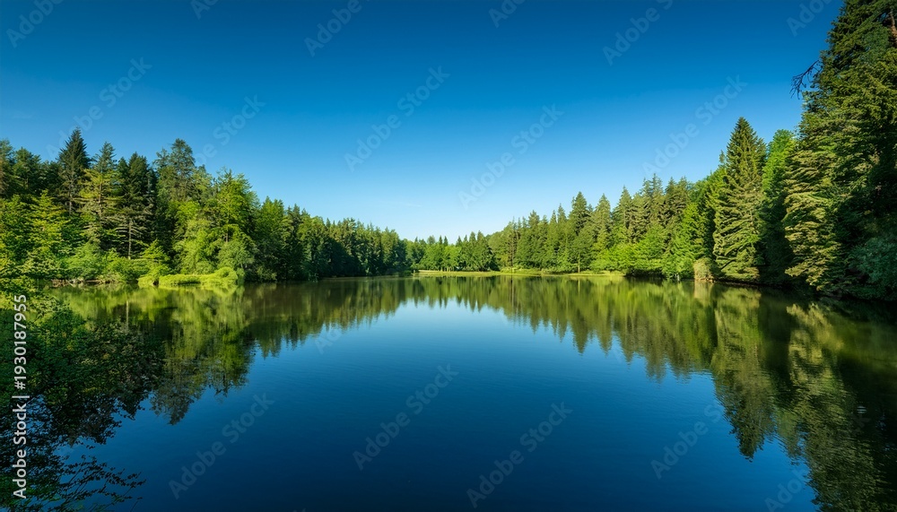 Fototapeta premium Serene Lake Reflects Lush Green Trees Under A Clear Blue Sky