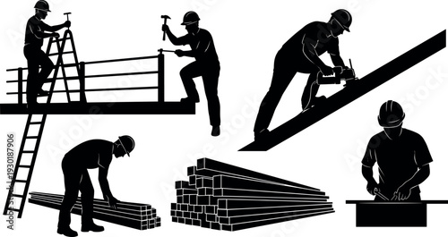 Construction Workers and Carpenters Silhouette Set with Industrial Tools Building Infrastructure Woodwork and Manual Labor Icons for Professional Engineering Graphic Design