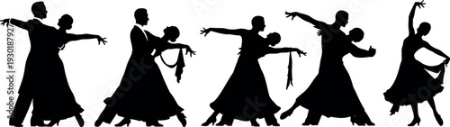 Elegant ballroom dance couples in silhouette, graceful waltz and foxtrot poses, formal attire, romantic movement vector illustration for decorative design