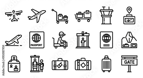 Travel icons collection featuring transportation and luggage at airport gate