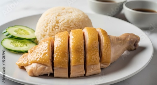 Delicious Sliced Chicken with Rice and Cucumber.