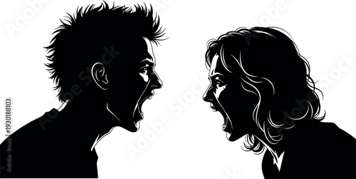 Intense black and white vector silhouette of a man and woman screaming in a heated argument symbolizing domestic conflict and anger