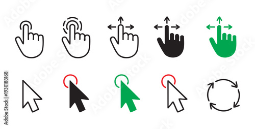 Collection of various touch screen and mouse cursor icons for user interface design