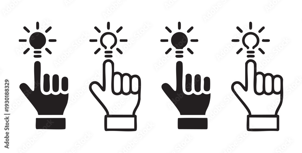 Fototapeta premium Light bulb icon with hand finger press indicating idea innovation inspiration symbol