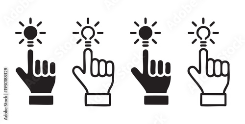 Light bulb icon with hand finger press indicating idea innovation inspiration symbol
