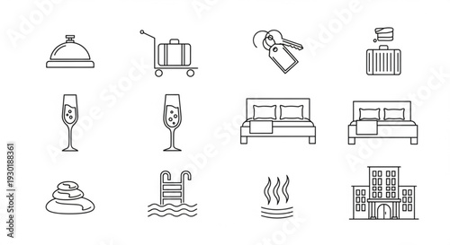 A collection of line icons depicting hospitality and travel elements, featuring accommodations, dining, and leisure activities in a minimalist style from a straightforward viewpoint.