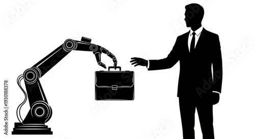 Businessman interacts with robotic arm holding briefcase