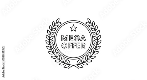 Mega Offer Stamp with Laurel Wreath and Star, Black and White Icon