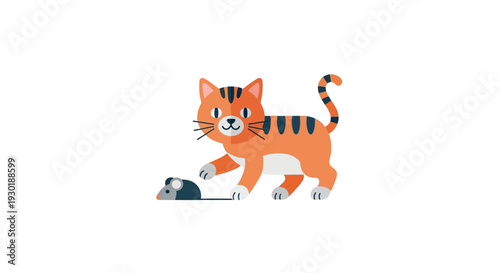 Playful Cat Chasing a Toy Mouse Illustration
