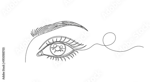 Minimalist continuous line drawing of a woman's eye with eyelashes and eyebrow, abstract concept