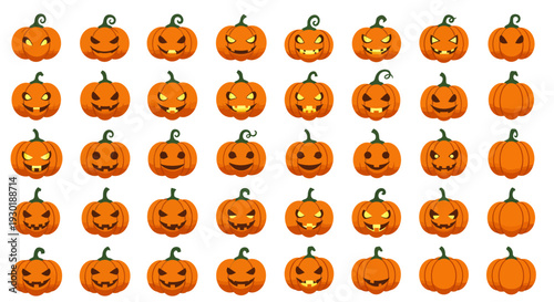 Set of Halloween Pumpkin Faces with Various Expressions