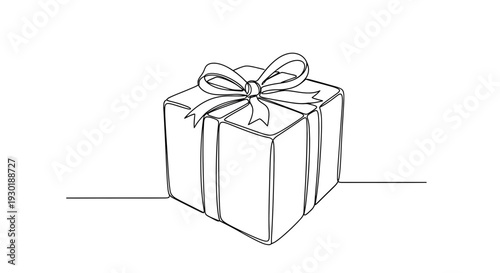 Minimalist Gift Box with Ribbon, Continuous Line Drawing, Isolated on White Background