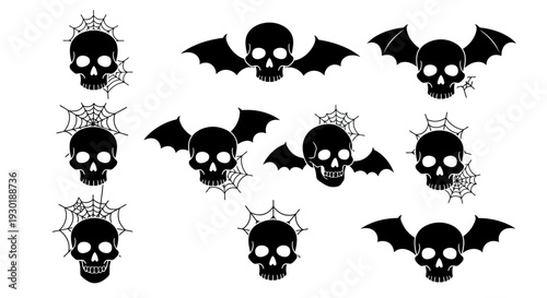 Spooky Skull and Bat Wing Vector Art Collection