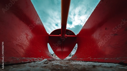 Red and yellow heavy construction machinery like an excavator and a bulldozer work in the sand near a red and white ship and a red anchor on the beach