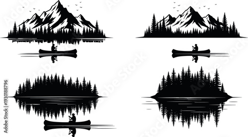 Mountain and Forest Lake Landscape with Canoe Silhouette Vector Set for Outdoor Adventure Camping Hiking Nature Travel and Wilderness Exploration Designs