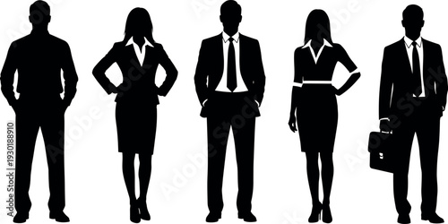 Professional Business Team Silhouettes in Formal Suit Attire Standing Confidently for Corporate Leadership, Career Success, and Workplace Diversity Concept.