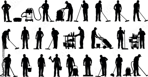 Professional janitor silhouettes vector set showing cleaning staff with equipment, vacuuming, sweeping, mopping, floor buffer, cleaning cart, supplies.