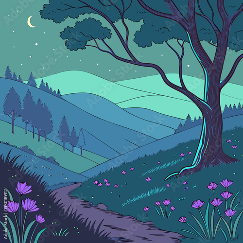 Magical nighttime landscape with a large, mystical tree, rolling hills, and purple flowers under a starry sky and crescent moon.
