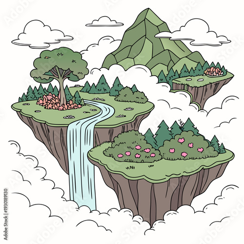 Surreal landscape of multiple floating islands with a waterfall and a mountain peak, dreamy sky with clouds, whimsical illustration.
